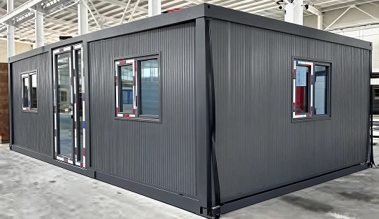 Three Quarter View Of Model 02 Dark Gray Expandable Prefab Home