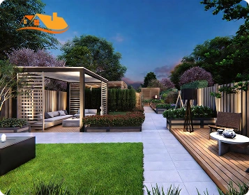 Lyngou Modern Landscaped Backyard With Pergola And Timber Deck