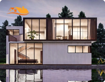 Lyngou Modern Prefab Home With Large Glass Windows Beside A Pool