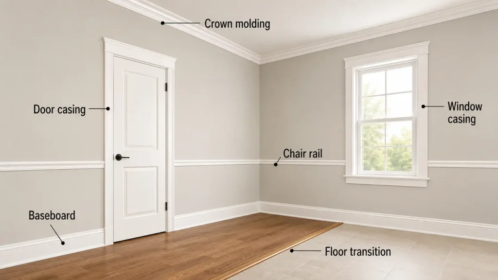 Common interior trim types around floors, walls, ceilings, doors, and windows