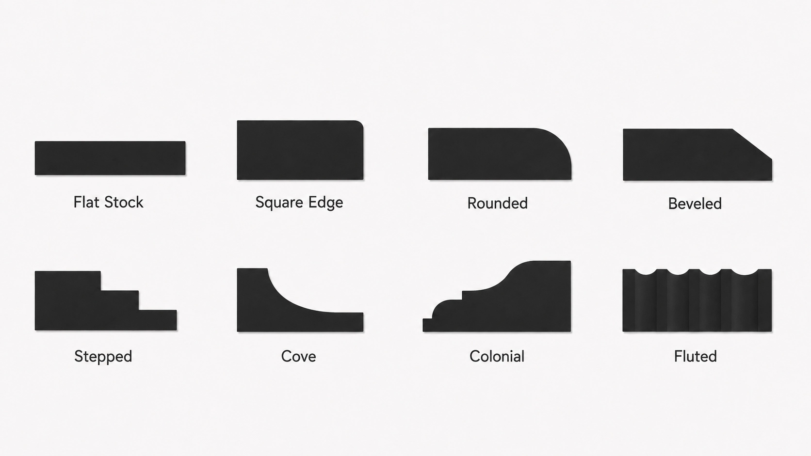 Common trim profiles including flat stock rounded beveled cove colonial and fluted styles