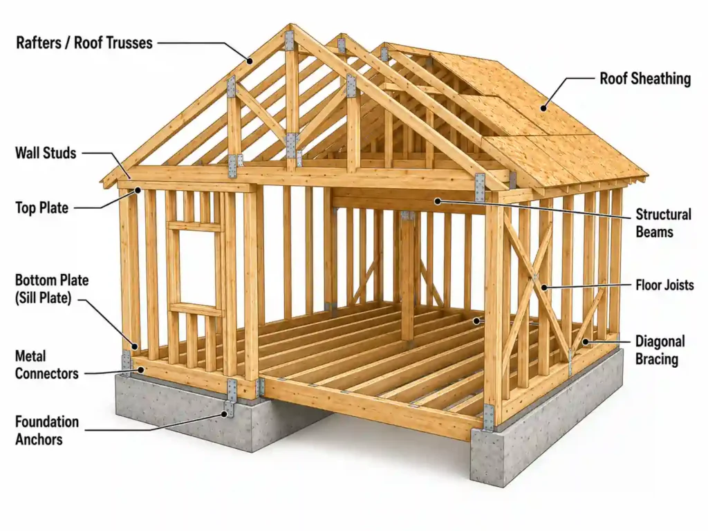Key parts of a wood framing structure with studs joists rafters and sheathing
