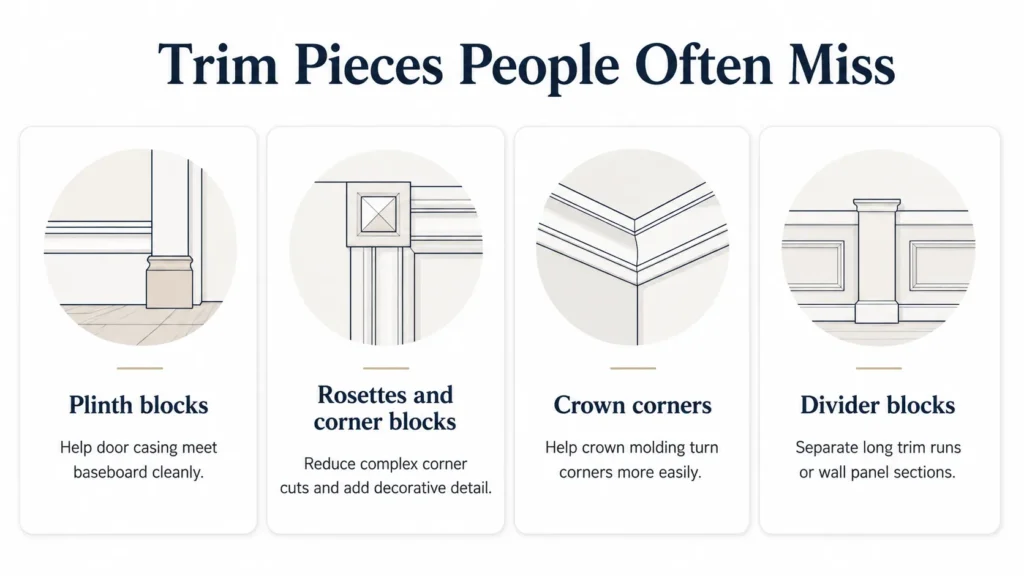 Trim pieces and accessories including plinth blocks rosettes and corner details