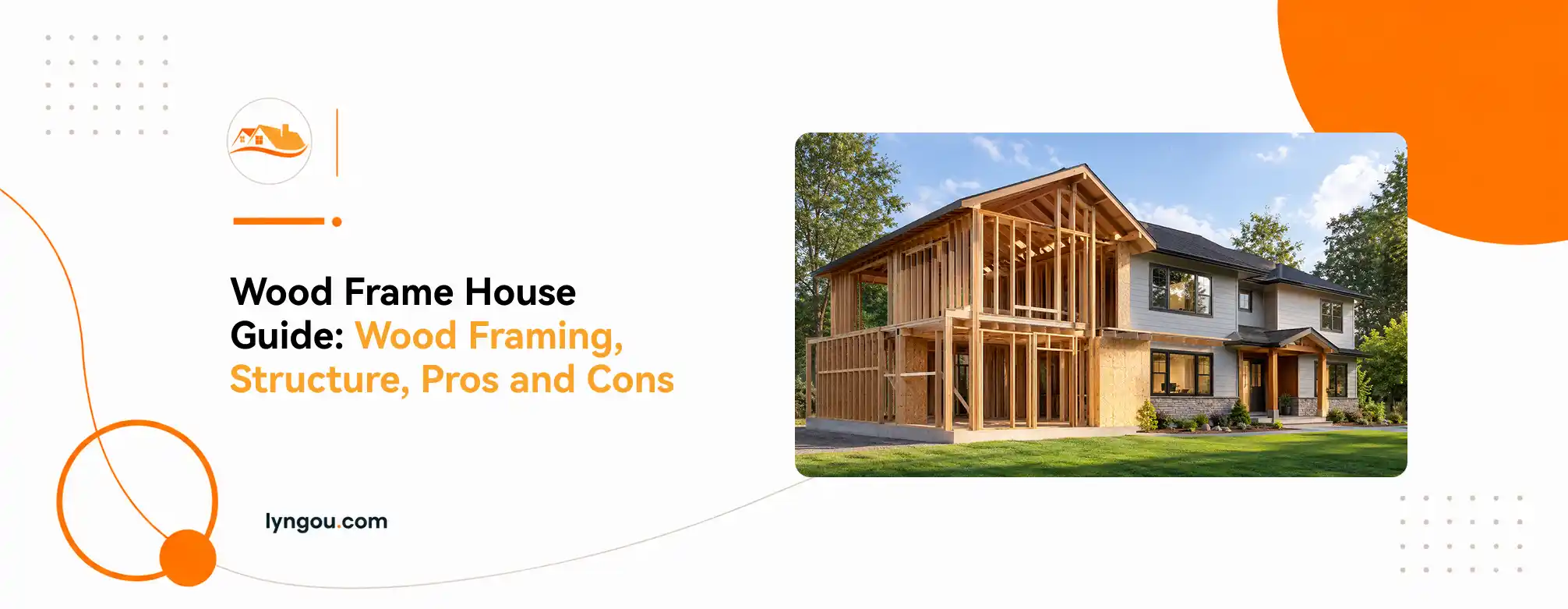 Wood frame house structure with wall studs and roof framing