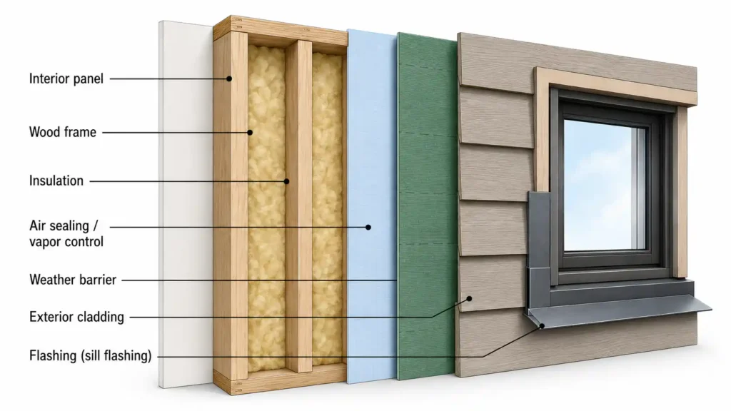 Wood frame wall assembly with insulation, weather barrier, and exterior cladding