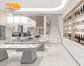 Two Level Showroom Counters And Staircase With Wall Shelving