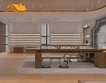 Warm wood eyewear store interior with long display counter, wall shelving, and soft lighting