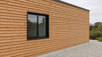 Modern Prefab Building Facade Clad With Horizontal Wood Siding