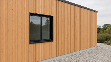 Modern Prefab Building Facade Finished With Vertical Wood Siding
