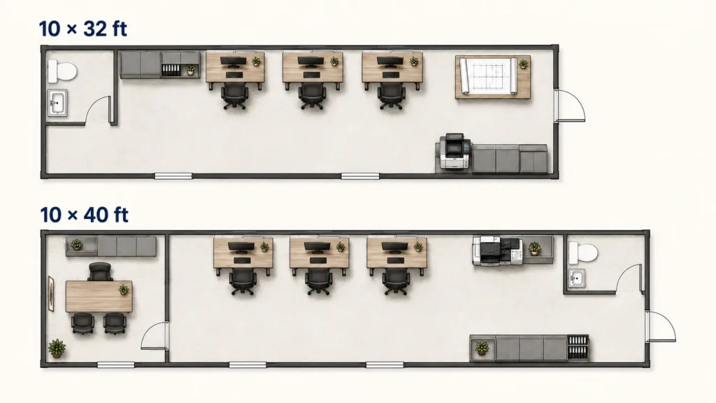 Simple 10x32 And 10x40 Portable Office Layout Comparison